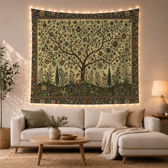 Stylized Tree of Life With Birds on Cream, Serene Folk Art for Nature Lovers, Nature Wall Decor, Mother's Day Gift Tapestry Wall Hanging for Bedroom and Living Room