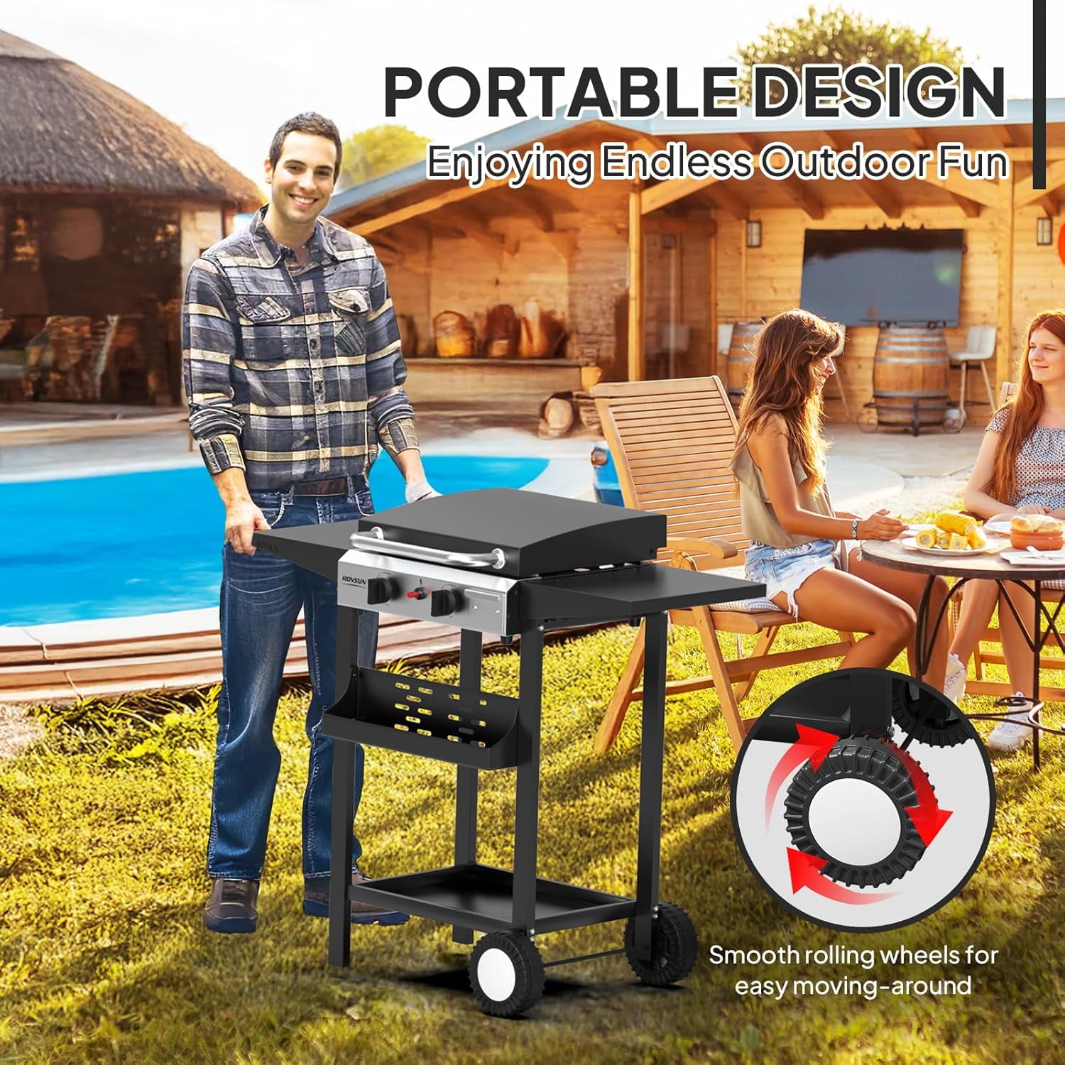 TUFFIOM 2 Burner Portable Propane Griddle with Enameled Tray & Lid, 20000 BTU Rolling Flat Top Gas Grill with Electronic Ignition & Regulator for Outdoor Cooking Camping BBQ Tailgating
