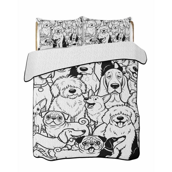 Quilts Full Size Bedding Set, Black Dog Lightweight Quilted Comforter, Cute Line Cartoon Funny Animals Soft Reversible Bedspread Coverlet with Pillow Covers for All Season, 78" x 90"