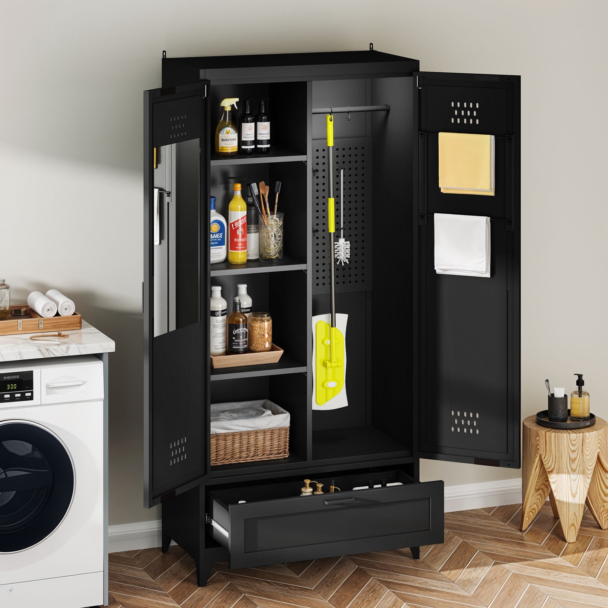 Uforic 70.9" Garage Storage Cabinet with Doors & Shelves, Metal Cabinet with Lights, Black