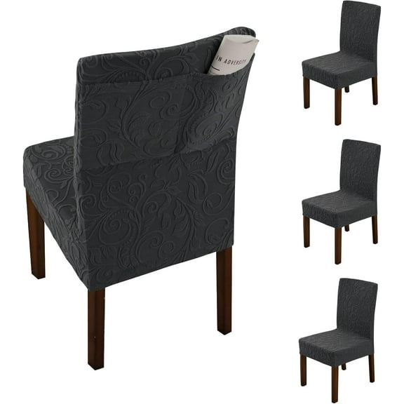 TOPCHANCES Chair Seat Covers Set of 4, Stretch Jacquard Chair Covers for Dining Chairs, Removable Chair Seat Slipcovers Protector, Dark Gray