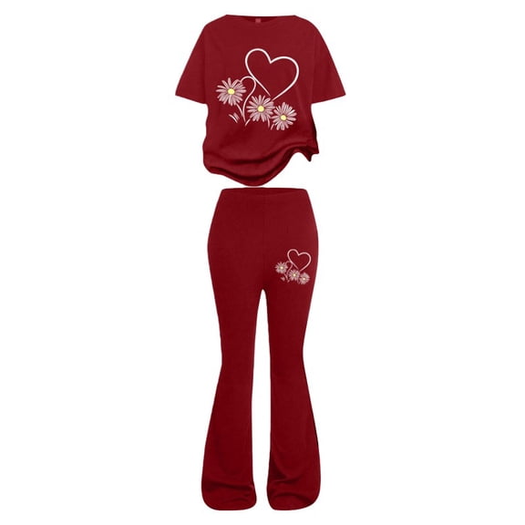 LIJCC Kids Teen Girls Outfits Summer Sports Outfits Daisy Print Short Sleeved T Shirt Top and Flared Trousers Two-Piece Set