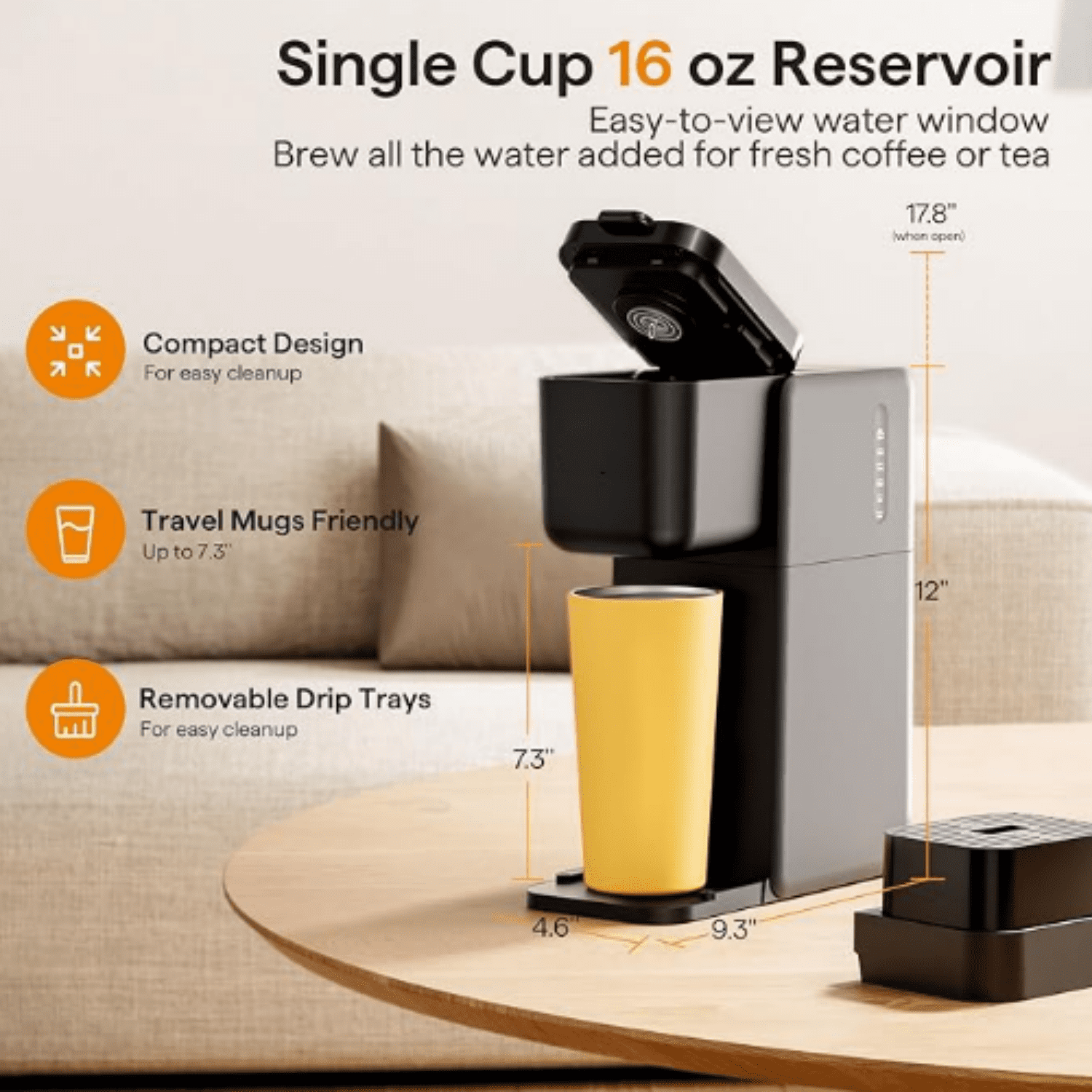 Single Serve Coffee Maker for K Cup, Ground and Tea Leaves, Hot and Iced Coffee Machines with Bold Setting, 6 to 16 Oz Brew Sizes, Compact for Small Spaces, Black (2.0 Version)