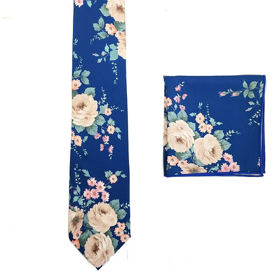 Romario Manzini Sapphire Blue Cotton Floral Necktie with Handkerchief for Men