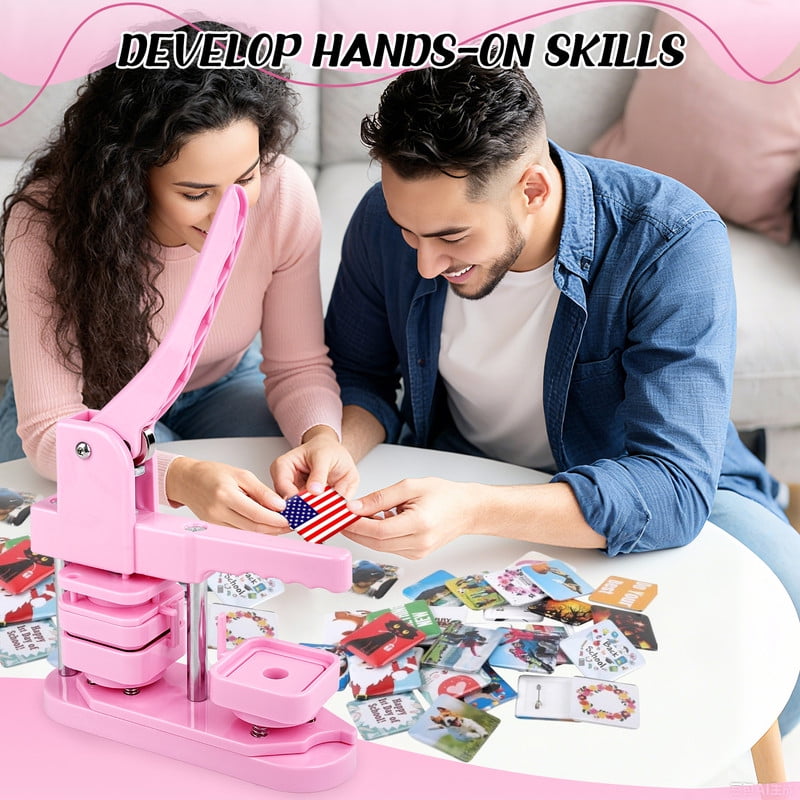 Square Button Maker Machine with 100 Sets of Button Supplies Parts, 50 * 50mm Hand Press Pin Badge Making DIY Craft Items, Pink