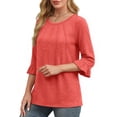 thumbnail image 2 of MOYIKO Women 3 4 Sleeve T-shirt Casual Loose O Neck Tunic Top Bell Sleeve Pleated Red Blouse Tee XL, 2 of 7