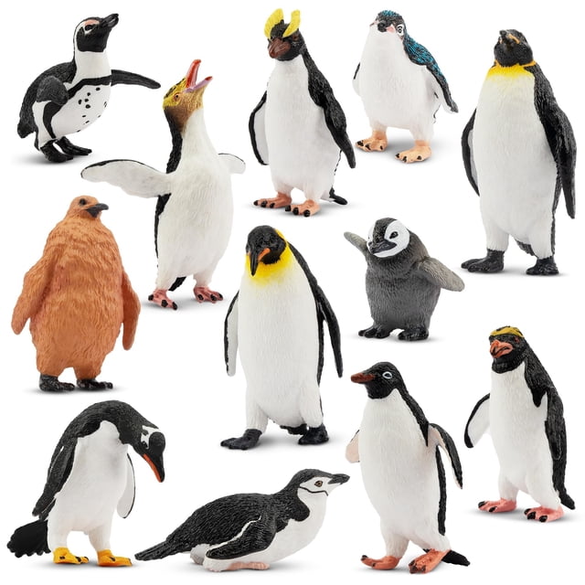 Set de 12 figuras de pingüinos Toymany, realistas, con cachorro de pingüino