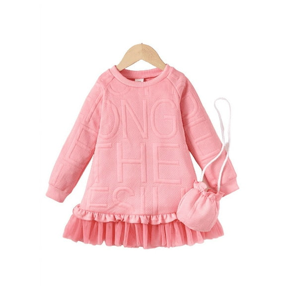 Mikrdoo 2-8Y Kid Toddler Girls Clothes Jacquard Letter Long Sleeve Gauze Sweater Dress With Satchel 2Pcs Sets 2-3 Years Pink