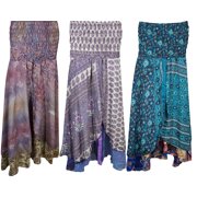 Mogul Womens Vintage Sari Two Layer Printed 2 In 1 Dress and Maxi Skirts Wholesale lot of 3 pcs