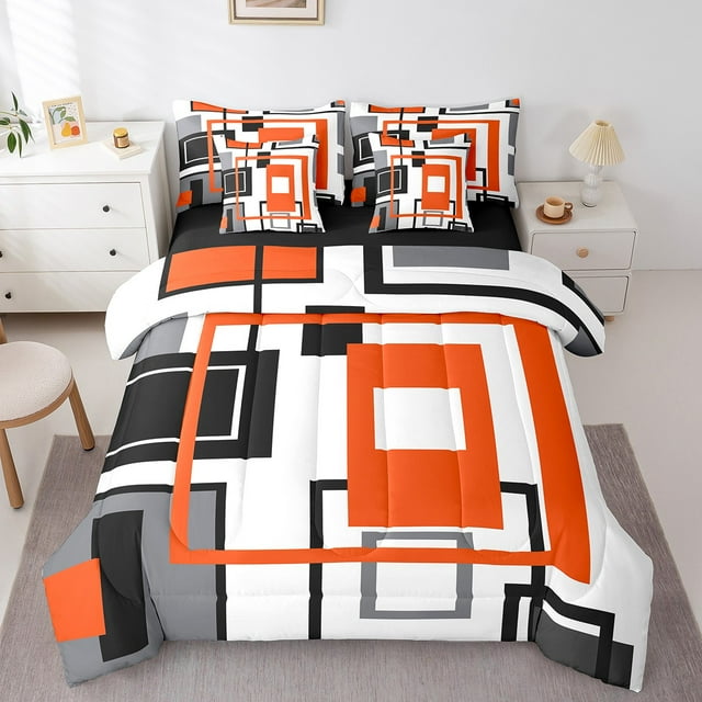 YST Black White Grey Orange 7 Piece Bed In A Bag Queen Geometric Square Grid Comforter Set With Sheets For Kids Adults Geometry Striped Bedding Set Modern Abstract Lines Grids Bed Set