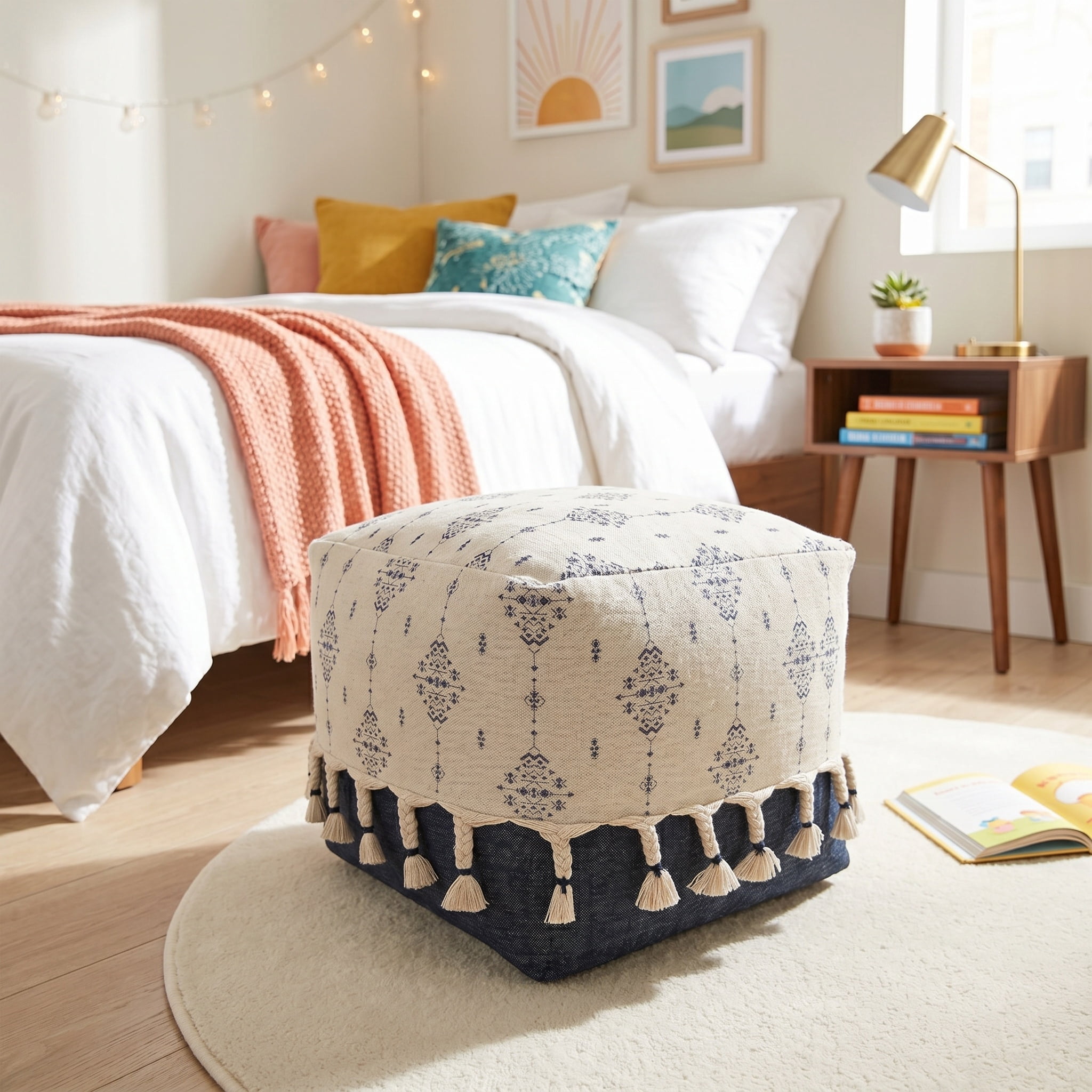 LR Home Small Tassels Tribal Indoor Square Pouf, Navy/Ivory, 18" x 18" x 14"