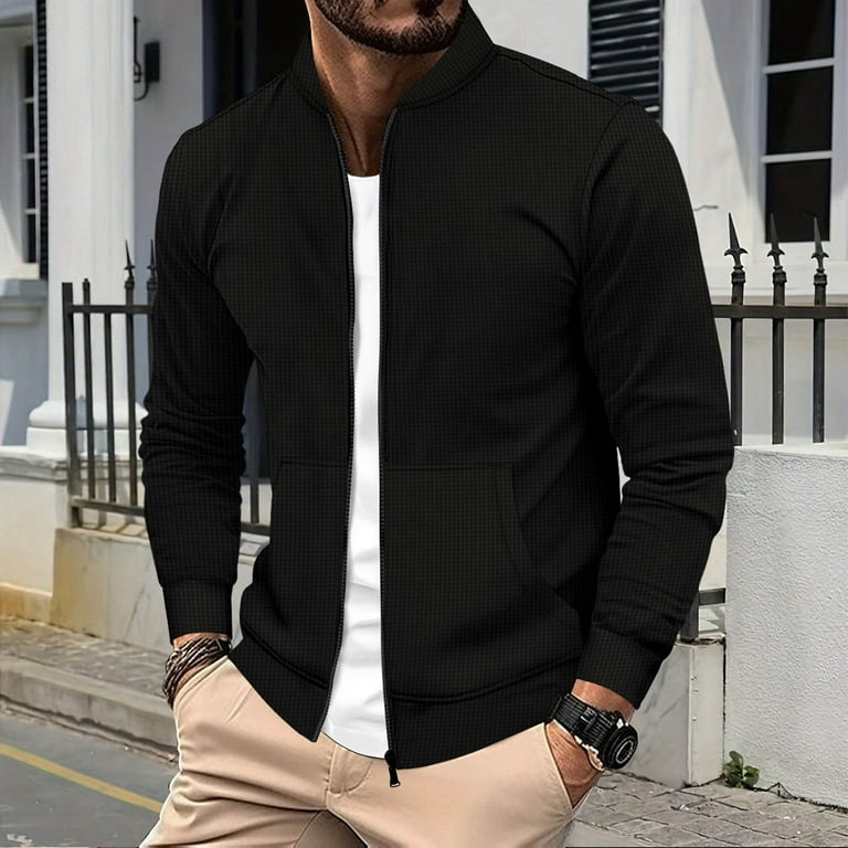 Zpanxa Men's Stand Collar Cardigan Jacket Zipper Front Long Sleeve
