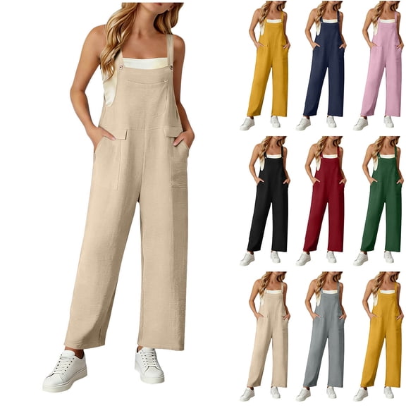 Womens Bib Overalls Cotton Linen Wide Leg Jumpsuits with Pockets Casual Beach Vacation Summer Rompers (XL, Khaki)