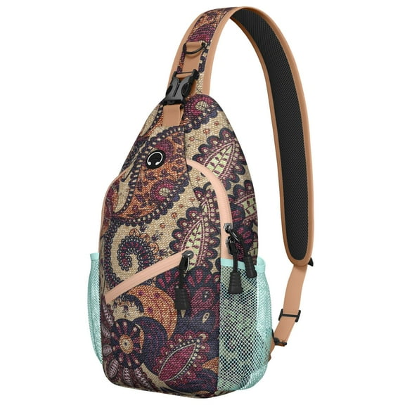 Colorful Paisley Boho Sling Backpack, Vintage Ethnic Crossbody Shoulder Bag with Abstract Floral Design, Lightweight Travel Hiking Daypack