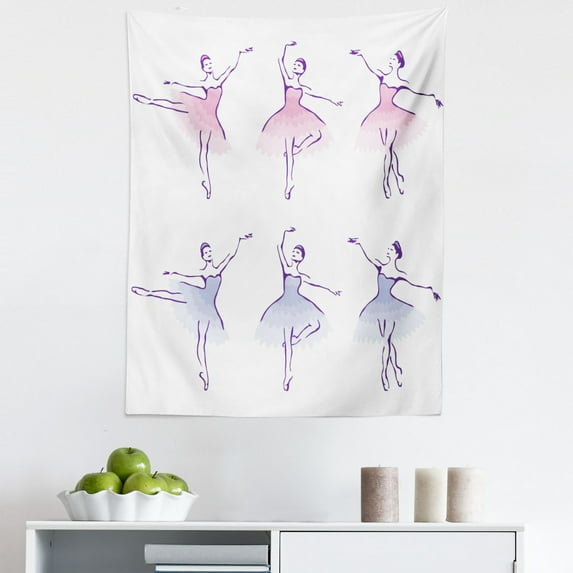 Ballet Tapestry, Classical Dancer Women Performing Posing Watercolor Style Illustration, Fabric Wall Hanging Decor for Bedroom Living Room Dorm, 5 Sizes, Pink Ceil Blue Purple, by Ambesonne
