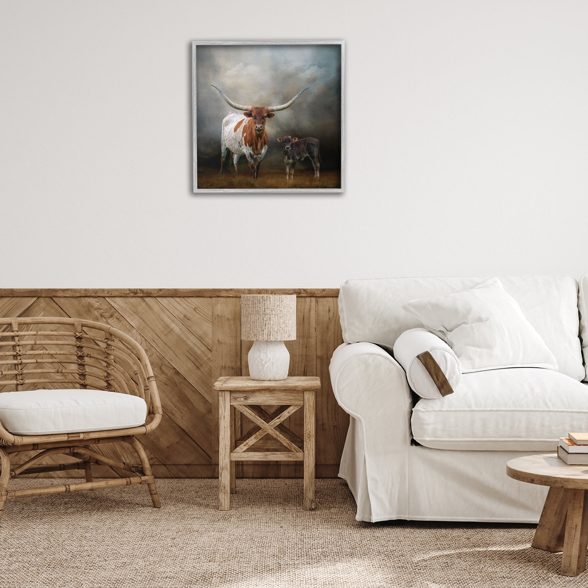 Stupell Industries Longhorn & Calf Babysitter Animals & Insects Painting Gray Framed Art Print Wall Art, 24 x 24