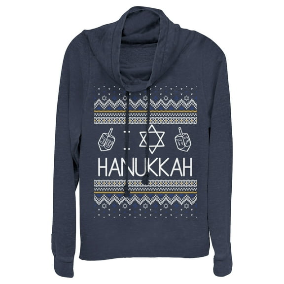 Junior's CHIN UP Hanukkah Ugly Sweater  Cowl Neck Sweatshirt Navy Blue Small