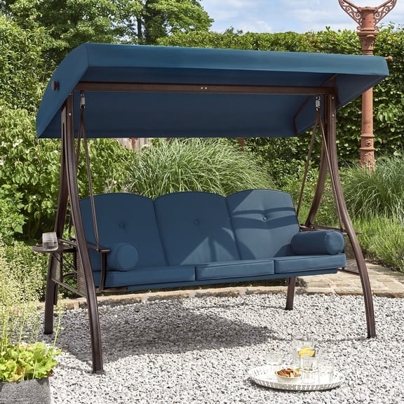 3-Seat Outdoor Swing Chair with Adjustable Backrest, Converts to Lounger Bed, Patio Swing Glider with Removable Cushion & Canopy for Deck, Garden, Backyard, Blue