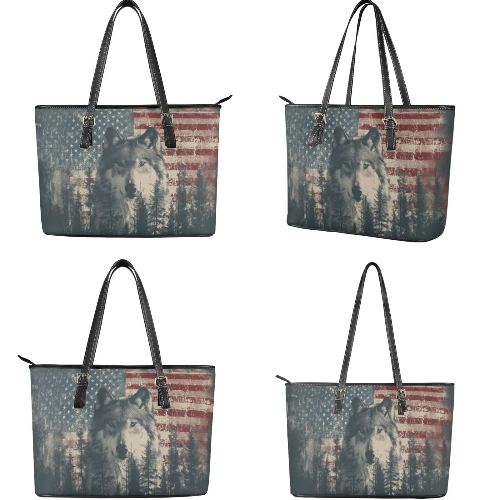 TSOVTHRID American Flag Wolf Forest Print Tote Bag Handbag with Wallet Set Hobo Shoulder Bag for Women Ladies 2 Pcs Leather Top Handle Handbag Purse with Matching Wallet