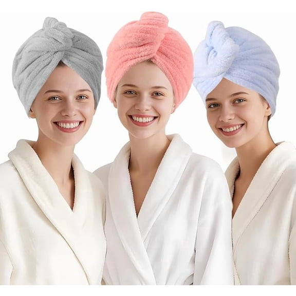 3 Pack Microfiber Hair Towel Wraps, Super Absorbent Quick Dry Hair Turban for Curly Hair Women, Anti-Frizz Dry Hair Wrap Towels, Blue Gray Pink