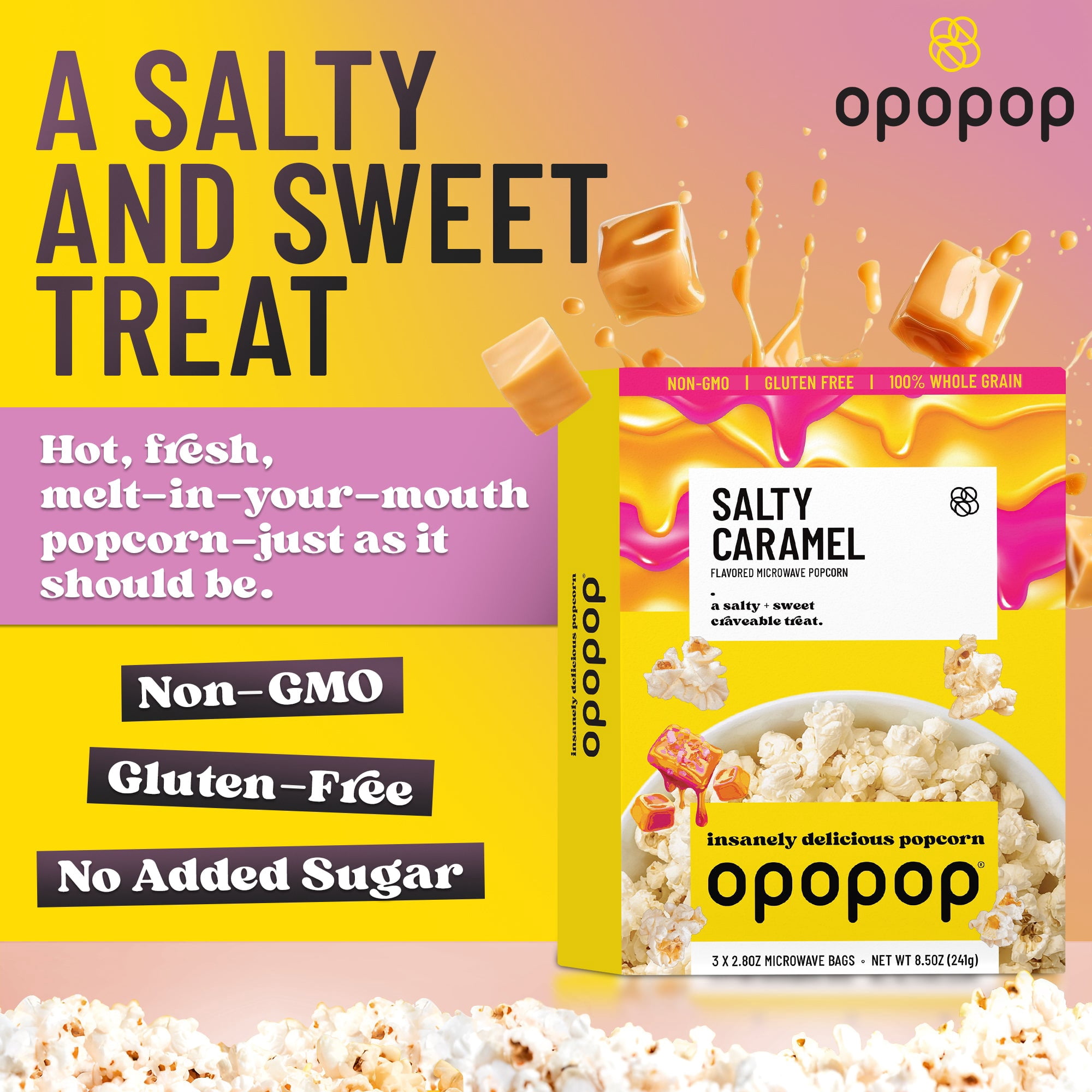 Opopop Microwave Popcorn Salty Caramel Flavor 2.8oz/3ct