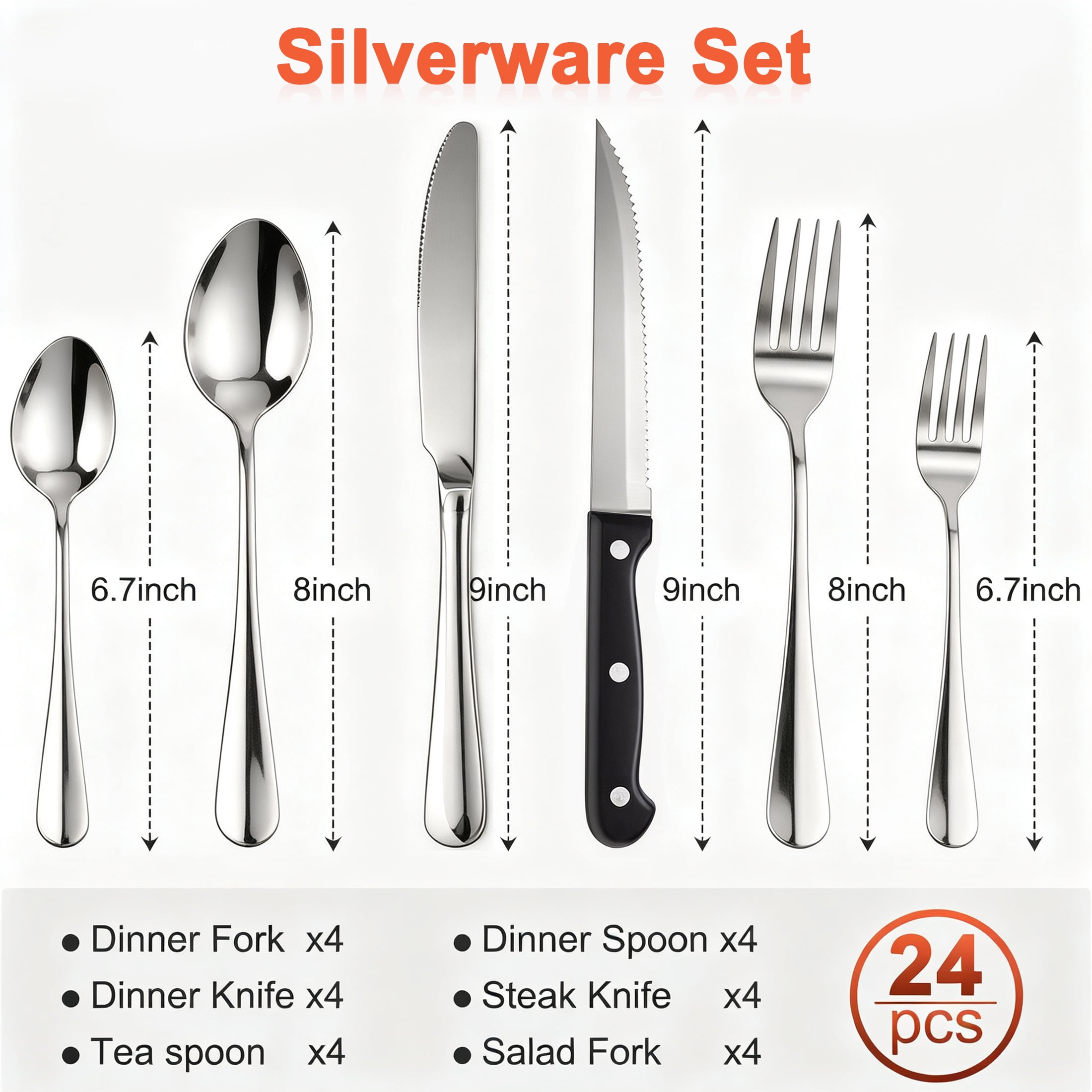 CISILOV 24‑Piece Silverware Set for 4, Stainless Steel Flatware Cutlery Utensil Set with Serrated Steak Knives, Include Forks Spoons Knives, Mirror Polished Utensils for Home Kitchen Dining