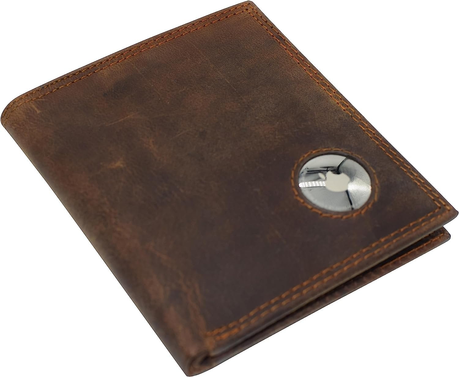 CAZORO AirTag Wallet for Men - RFID Blocking Vintage Leather Slim Hipster Bifold Wallet with Air Tag Holder Brown