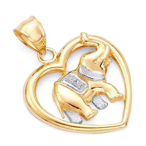 Wellingsale 14K Two 2 Tone White and Yellow Gold Polished Ornate Heart Shaped Elephant Wildlife Pendant