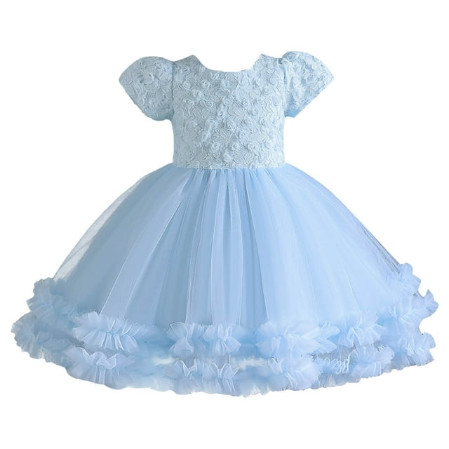 Ketyyh-chn99 Robe en Tulle pour Bébés Filles Robe d'Été à Manches Courtes pour Enfants Robe de Princesse à Fleurs pour 3-4 Ans, Bleu