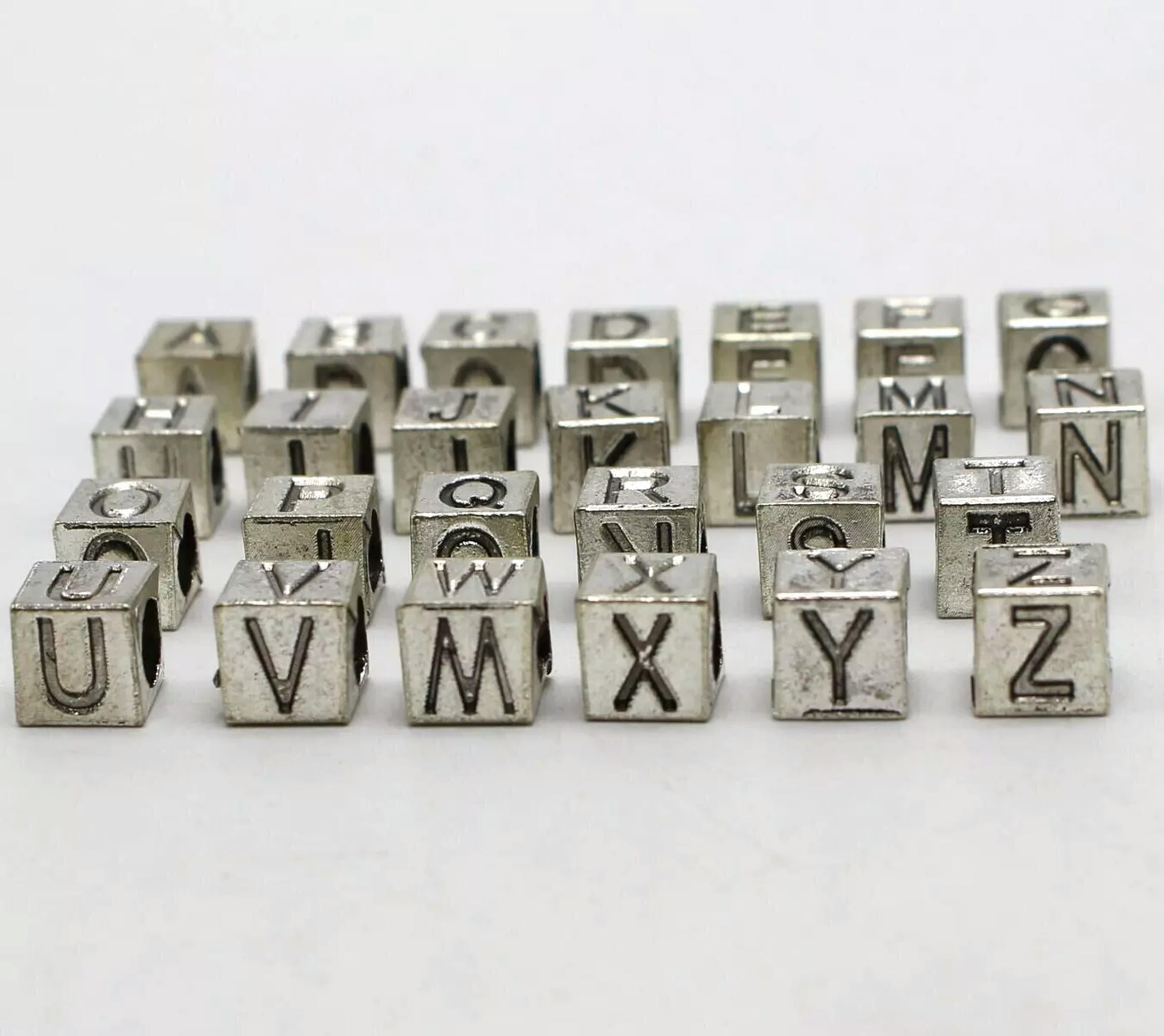 EOEMY 130 Silver Tone Alloy Alphabet Letter "A-Z" Cube Euro Beads 7X7mm Slide Charm