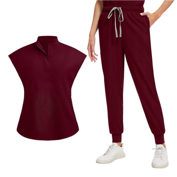 Fgvctg Womens Scrubs Plus Size Jogger Scrubs Stretchy V-Neck Scrub Tops and Pants Medical Scrub Sets Nursing Top with Pockets Wine M