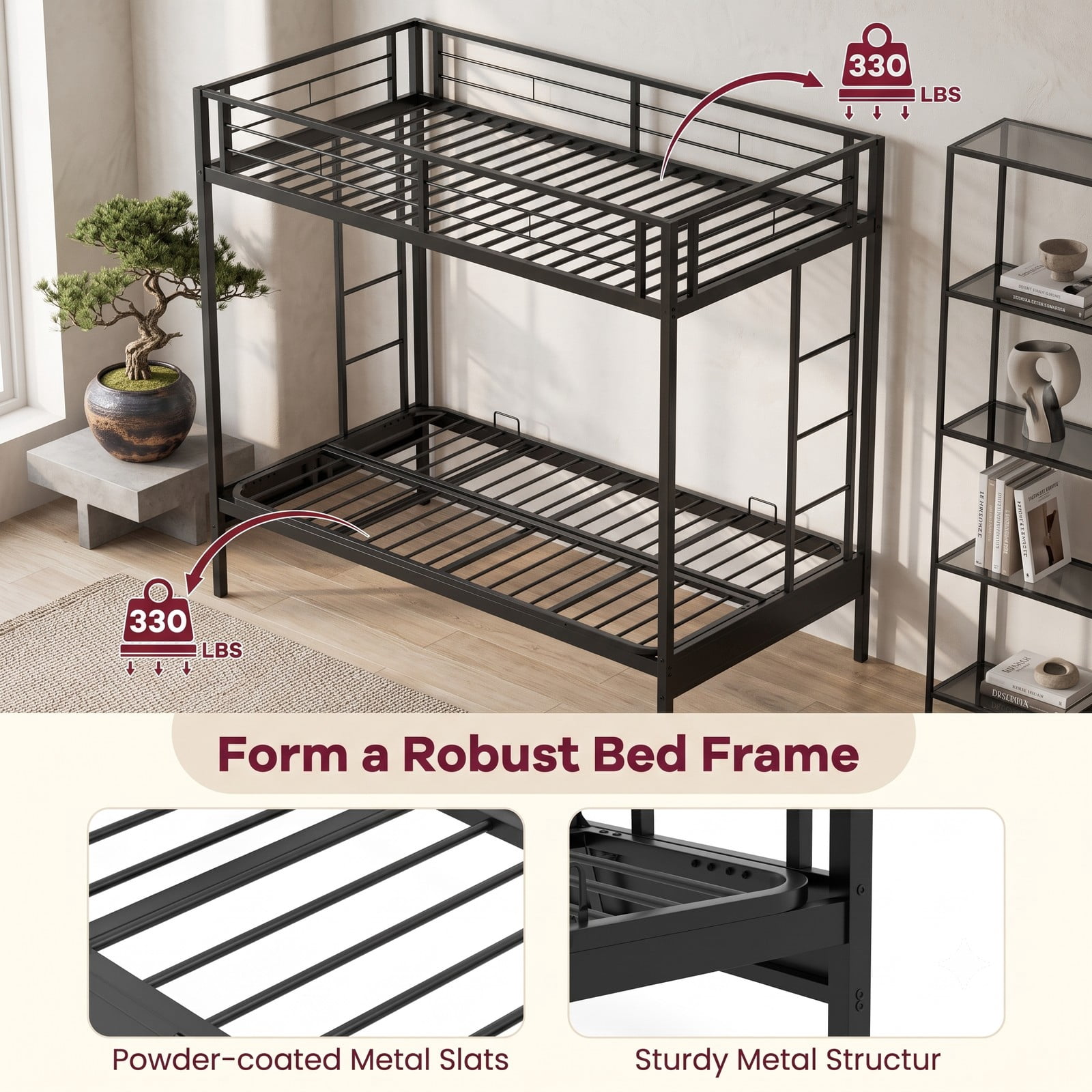 Furnibear Twin Over Futon Metal Bunk Bed with Convertible Sofa 2 Ladders and Guardrails for Guest Rooms and Dorms, Black