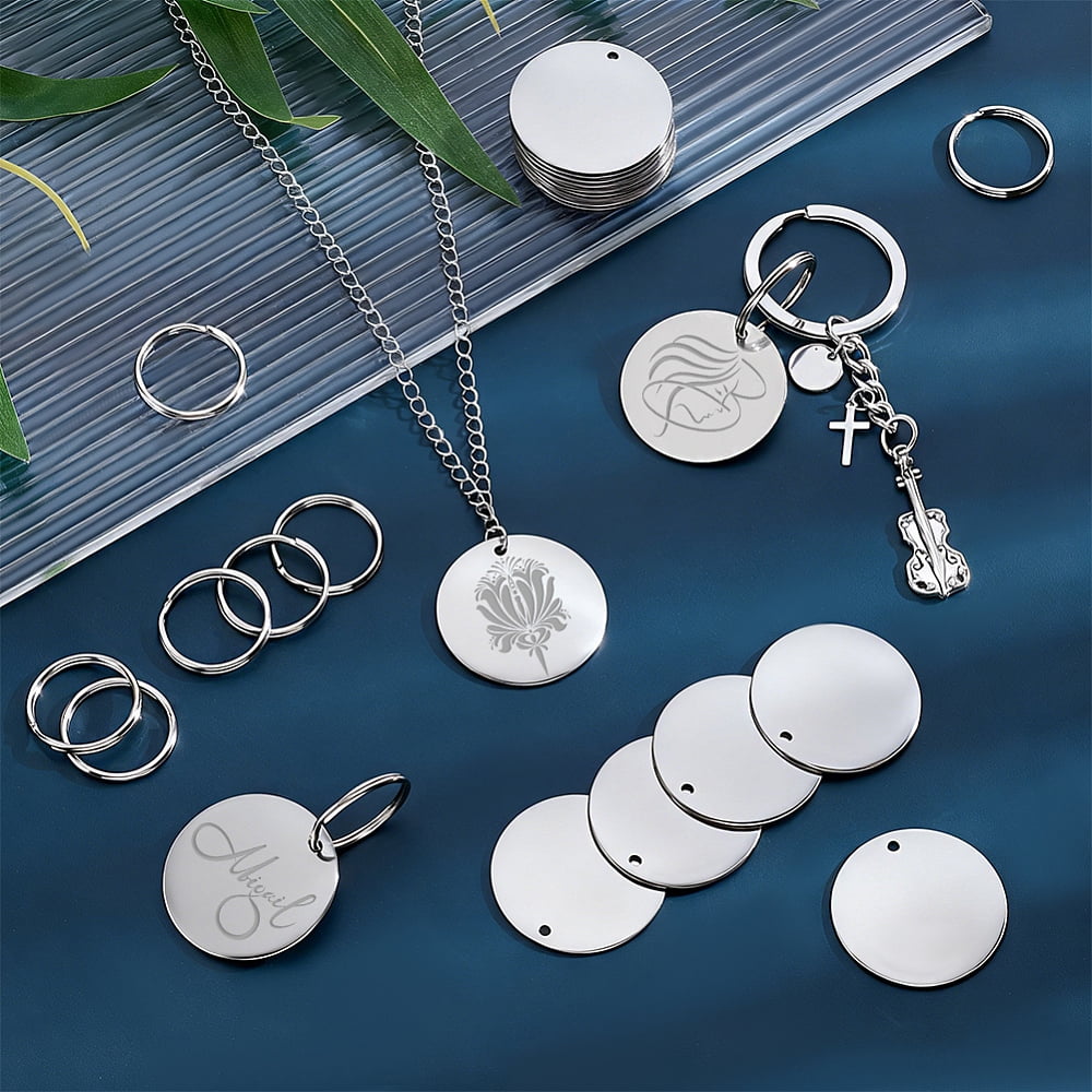 DIY Keychain Making Kits including 304 Stainless Steel Stamping Blank Tag Pendants and Iron Split Key Rings Platinum & Stainless Steel Color 30x1mm