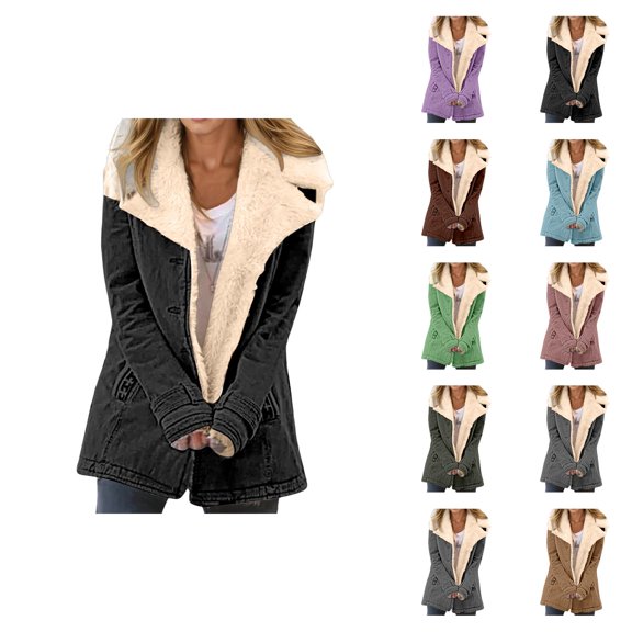 Womens Winter Coats Long Sleeve Thermal Notch Collar Suede Button Cardigan Jacket with Pockets Outerwear