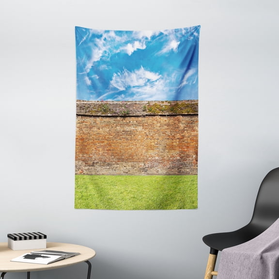 Rustic Home Decor Tapestry, Horizontal Brick Wall Field Dramatic Symbol Achitecture Landmark Urban, Wall Hanging for Bedroom Living Room Dorm Decor, 40W X 60L Inches, Red Green, by Ambesonne
