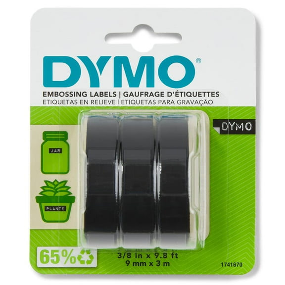 DYMO Self-Adhesive Embossing Labels, White Print on Black Tape, 3/8-Inch x 9.8-Foot Roll, 3 Pack