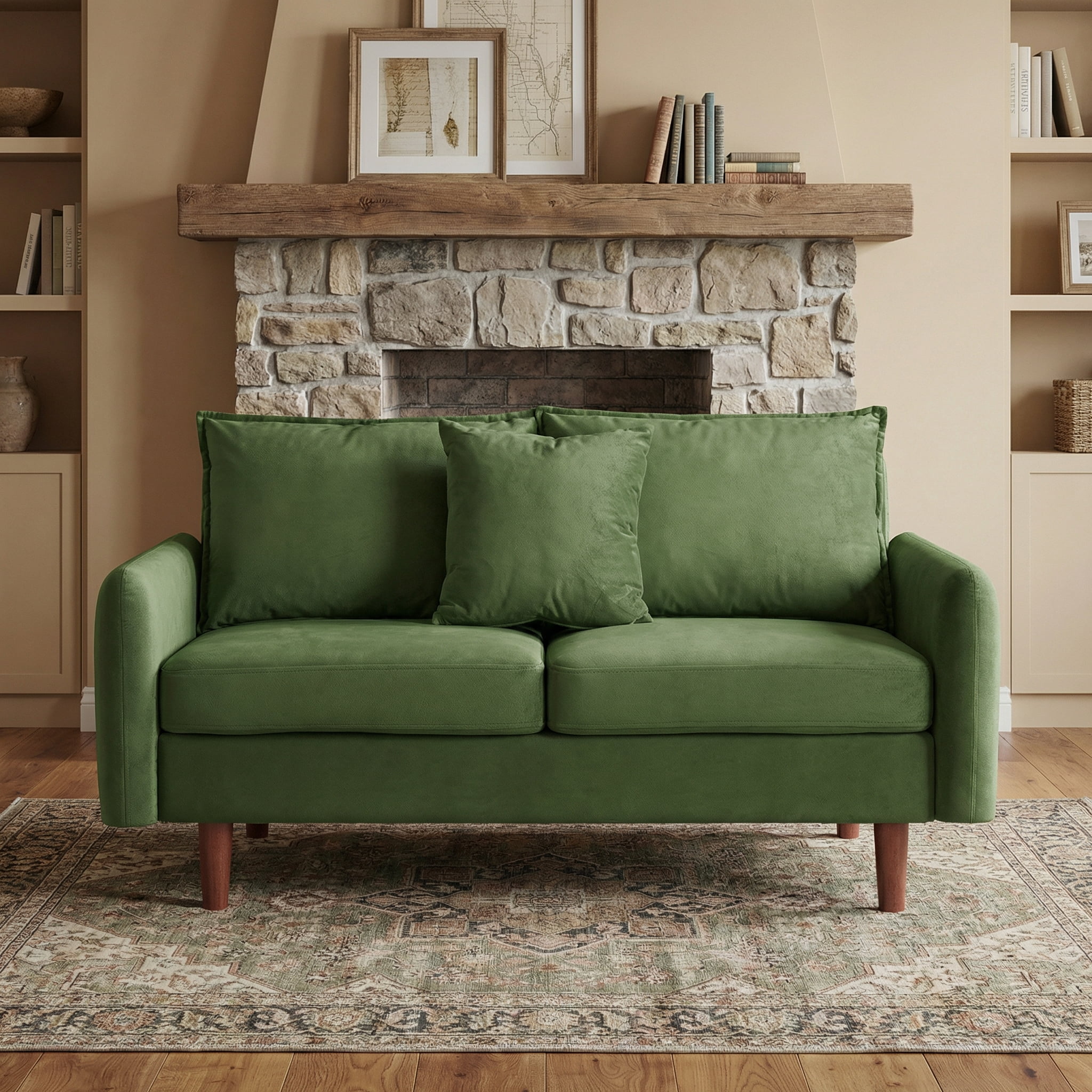 56" Mid-Century Velvet Round Arm Loveseat with Storage Pockets & Pillow