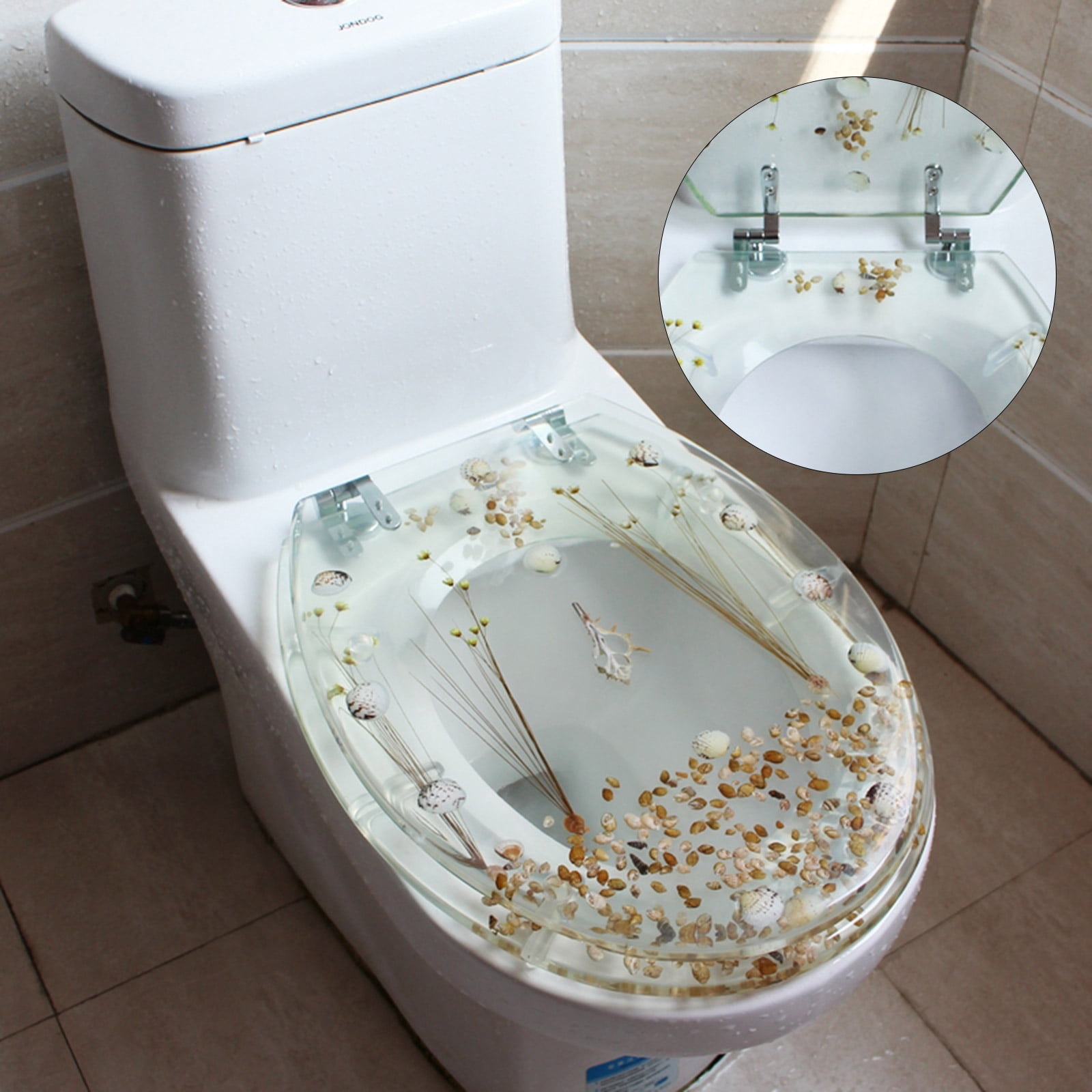 TOOL1SHOoo Toilet Seat Sea Shell Resin Silent Close Toilet Hinges Bathroom Deco  with Seashells Cover U/V Shape Elongated Toilet Seats Bathroom Decor Easy Clean and Install 16.5 Inch