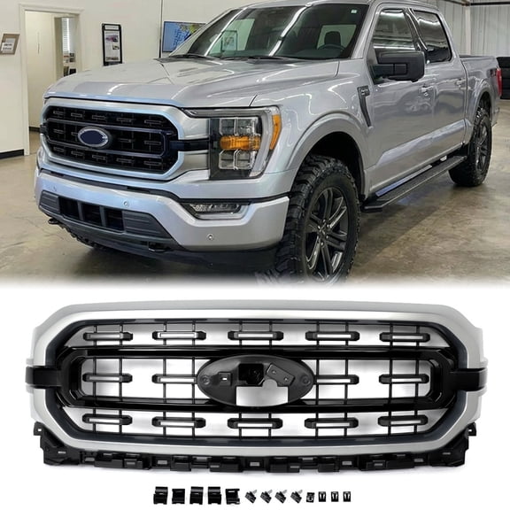 For 2021 2022 2023 Ford F-150 F150 XLT Style Front Bumper Grille Grill Iconic Silver&Gloss Black