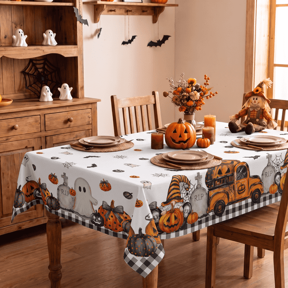Sm:)e Truck Jack O Lantern Pumpkin Bat Buffalo PlaidHalloween Tablecloth 60 x 84 Inch, Wrinkle-Resistant & Machine Washable Table Cover for Dining Decor, Rectangle