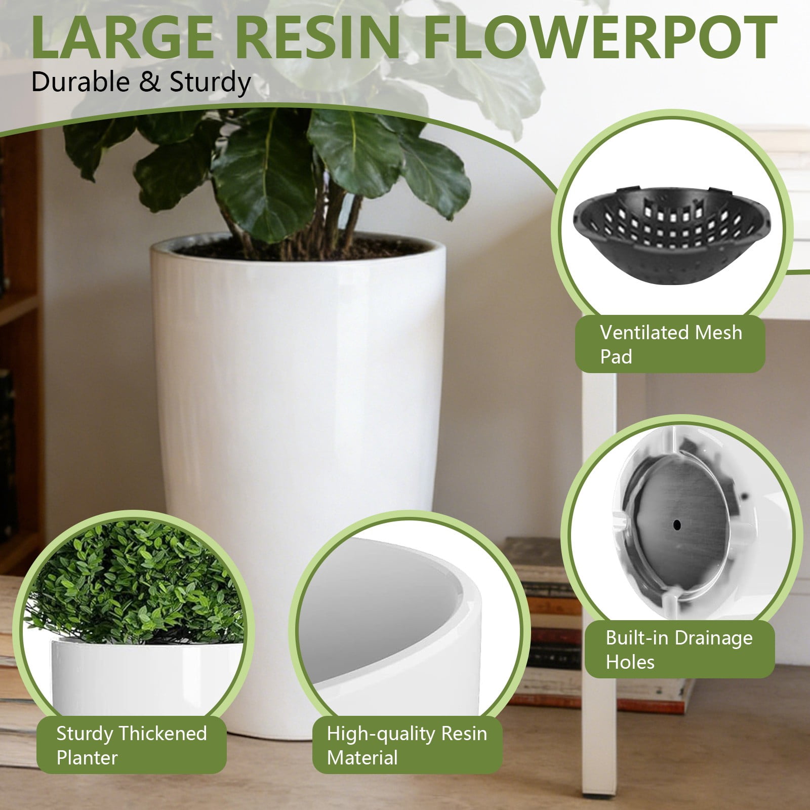 2 Pack 24" Tall Planters Sturdy Plant Flower Tree Pots for Indoor Outdoor Decor, White