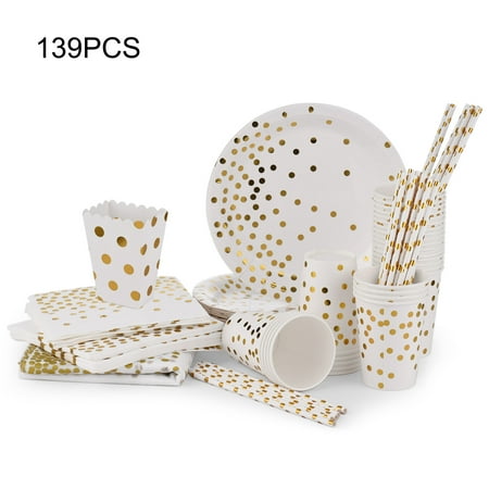 

MIXFEER 139 Pieces Paper Dinnerware Set Paper Cups Plates Napkins Straw Table Cover Paper Popcorn Boxes Birthday Wedding Party Supplies