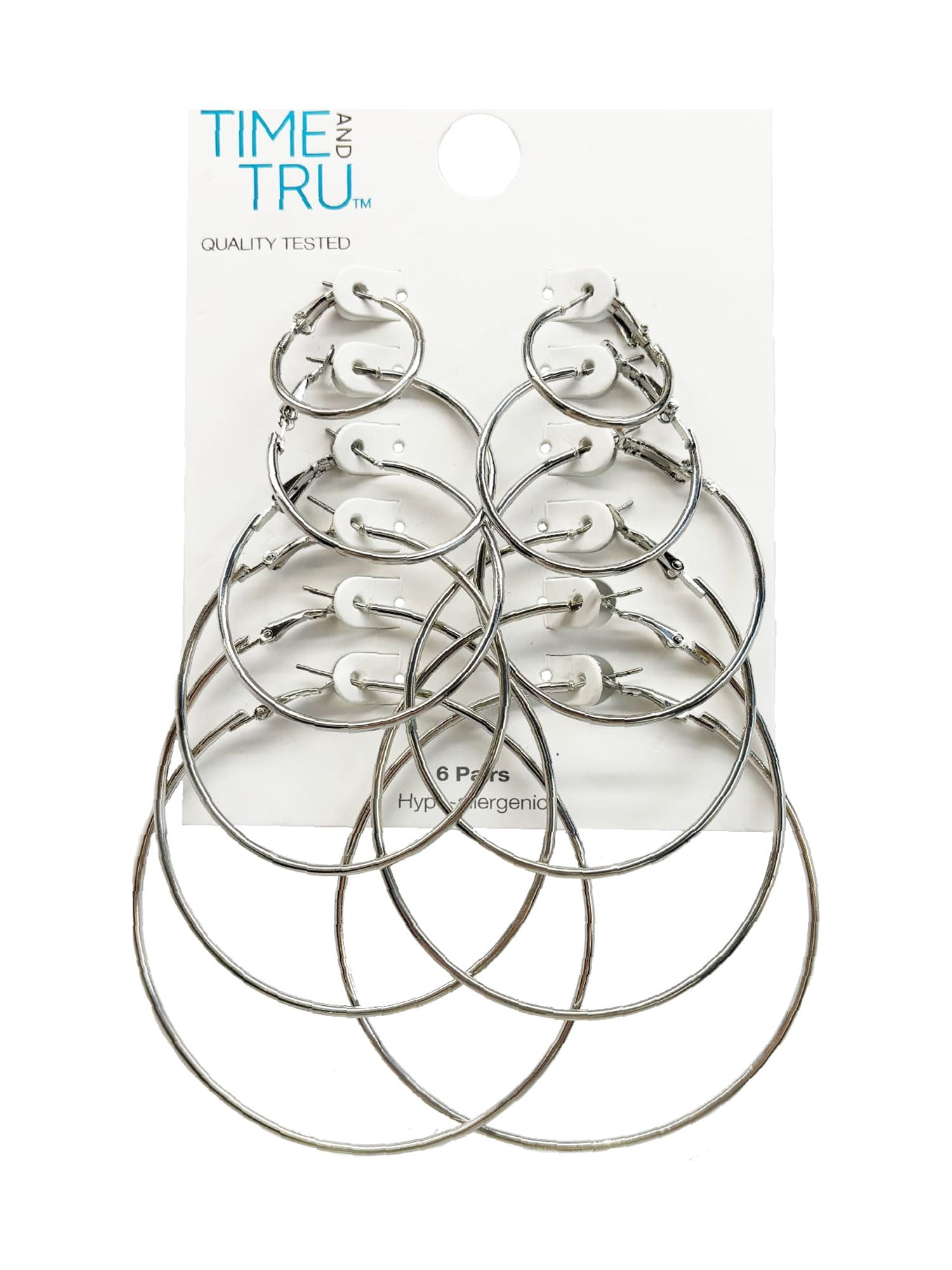 Time and Tru Women's Silver Tone Graduated Wire Hoop Earring Set, 6-Piece
