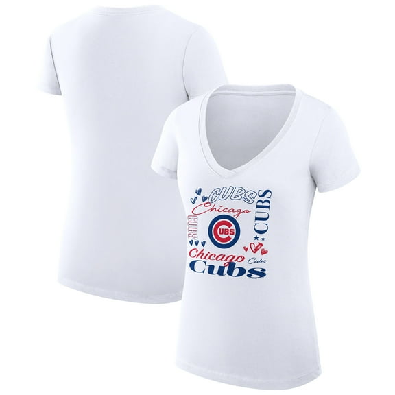 Women's G-III 4Her by Carl Banks White Chicago Cubs Super-Slim Fit Lightweight Collage Team Graphic V-Neck T-Shirt