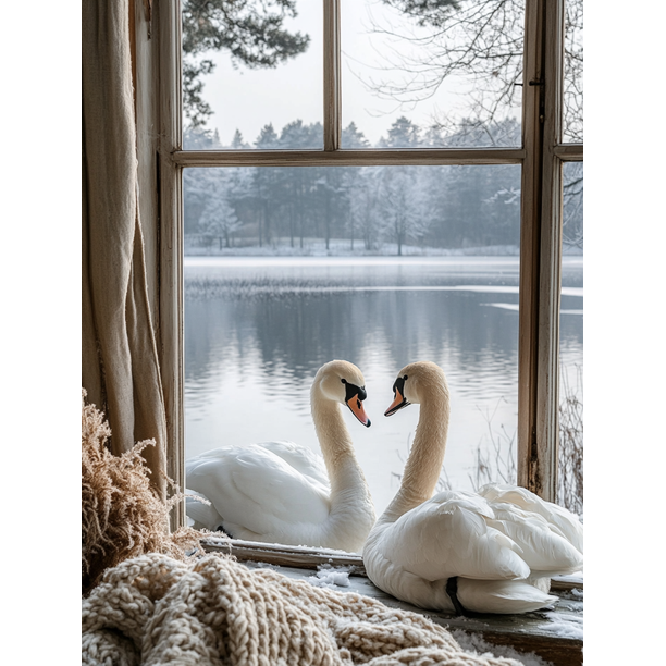 Qisvanset Framed Canvas Wall Art 12x16 Inch Winter Swan Lake Rustic Cottage Home Wall Decor