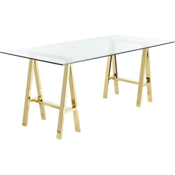 Pemberly Row Contemporary Metal Desk with Glass in Polished Gold
