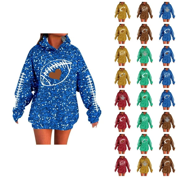 Sequins Football Hoodies for Women 2025 Fall Winter Glitter Sparkle Graphic Hooded Sweatshirt Y2K Pullover Tops