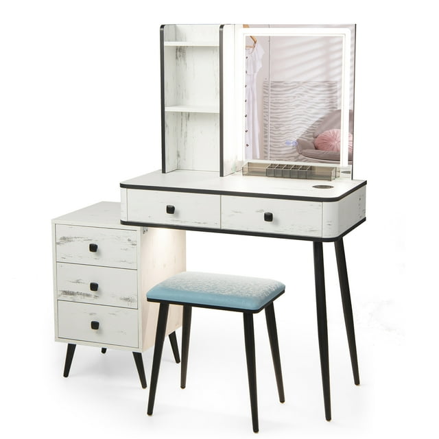Costway Ensemble de Coiffeuse avec Table de Maquillage, Lumière DEL à Induction du Corps Humain à 3 Couleurs Réglables, Blanc