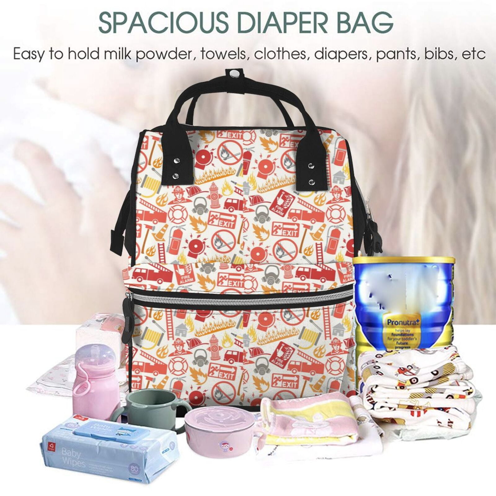 Ratiio Firefighter Icons Mummy Backpack - Waterproof Twill Canvas, Large Capacity Diaper Bag with Multiple Pockets and Adjustable Straps