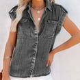 thumbnail image 4 of Riforla Summer Pure Color Retro Women's Short Sleeve Denim Shirt Womens Tops Grey L, 4 of 9